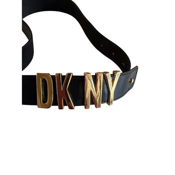 DKNY Belt Black Donna Karan New York Gold Logo Letter Statement Leather Size 30